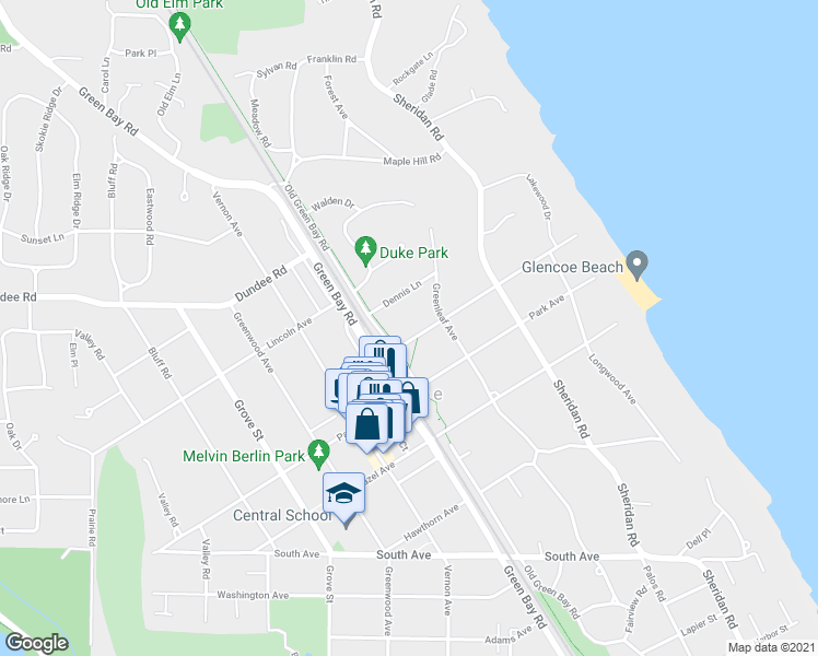 map of restaurants, bars, coffee shops, grocery stores, and more near 261 Beach Road in Glencoe