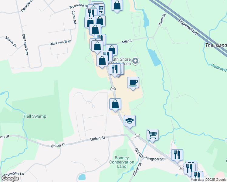map of restaurants, bars, coffee shops, grocery stores, and more near 1167 Washington Street in Hanover