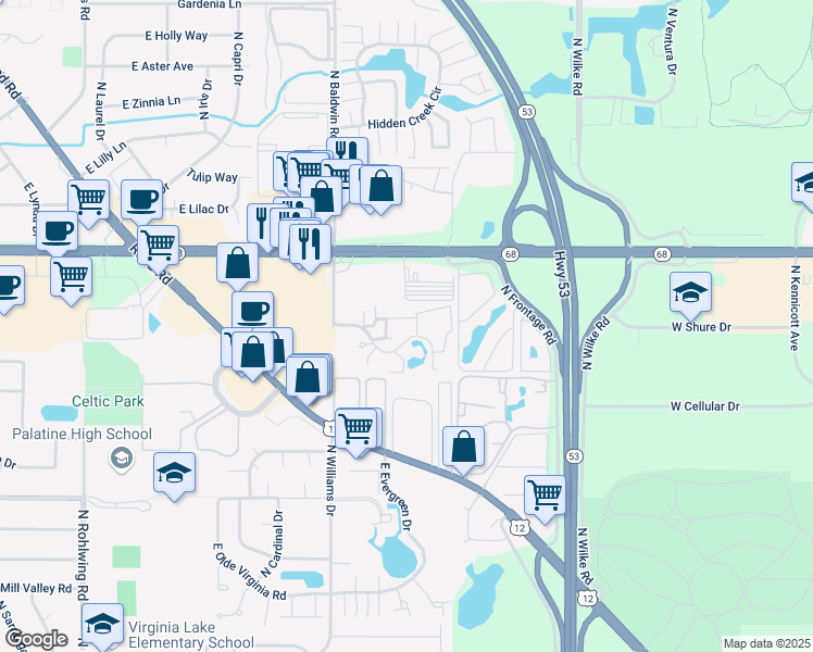 map of restaurants, bars, coffee shops, grocery stores, and more near 1313 East Wyndham Circle in Palatine