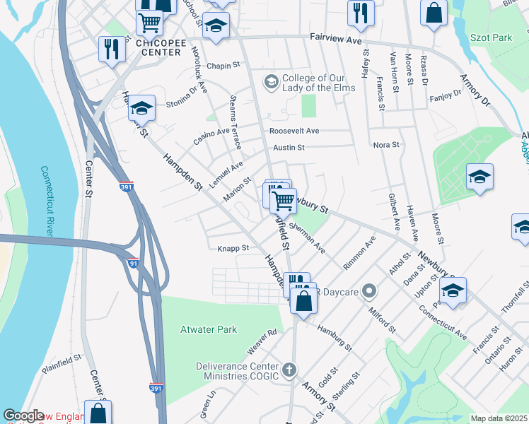 map of restaurants, bars, coffee shops, grocery stores, and more near 59 Mc Kinley Avenue in Chicopee