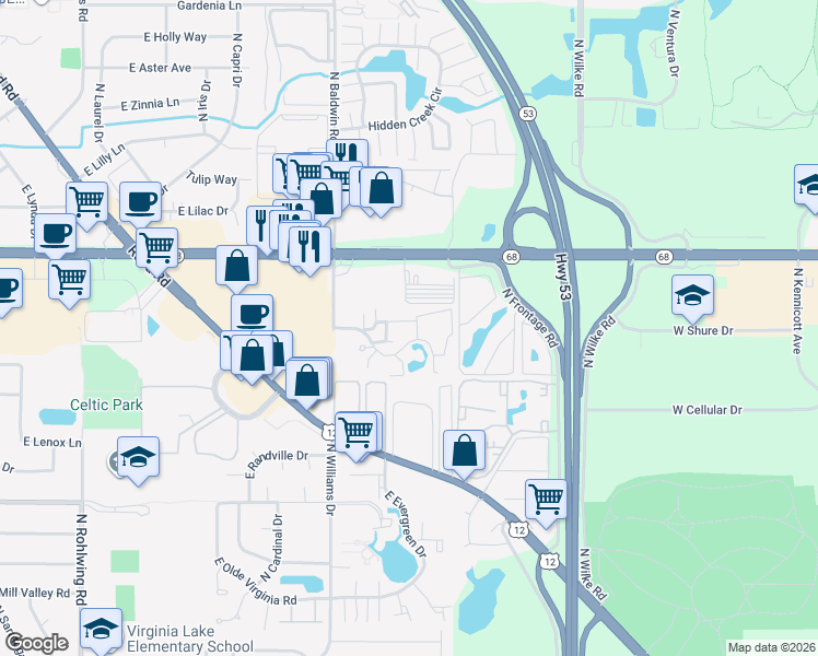 map of restaurants, bars, coffee shops, grocery stores, and more near 1251 Wyndham Drive in Palatine