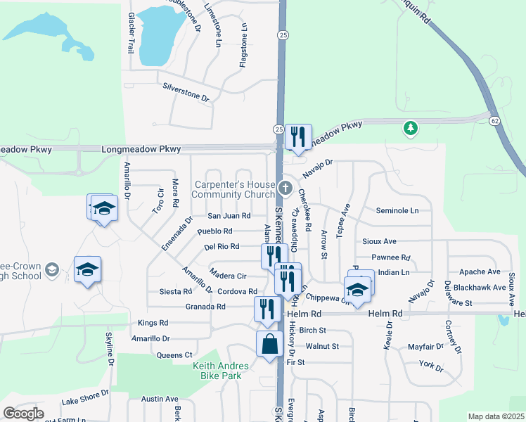 map of restaurants, bars, coffee shops, grocery stores, and more near 55 Alameda Drive in Carpentersville