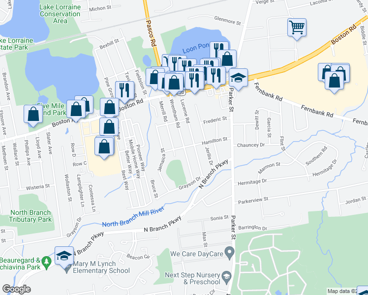 map of restaurants, bars, coffee shops, grocery stores, and more near 129 Hamilton Street in Springfield