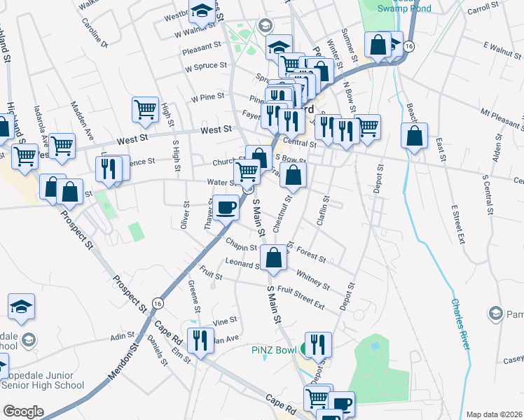 map of restaurants, bars, coffee shops, grocery stores, and more near 24 South Main Street in Milford