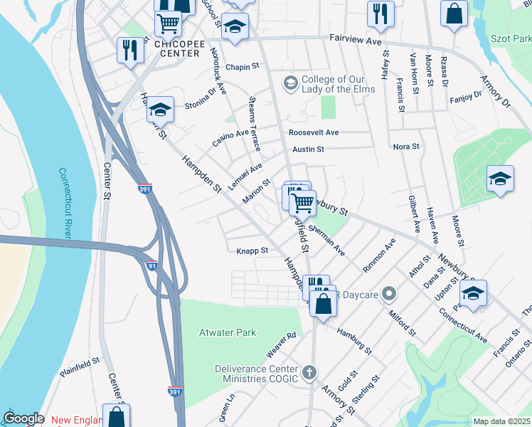 map of restaurants, bars, coffee shops, grocery stores, and more near 40 Asinof Avenue in Chicopee