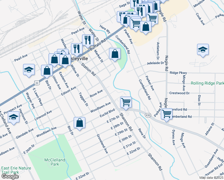 map of restaurants, bars, coffee shops, grocery stores, and more near 2429 Station Road in Erie