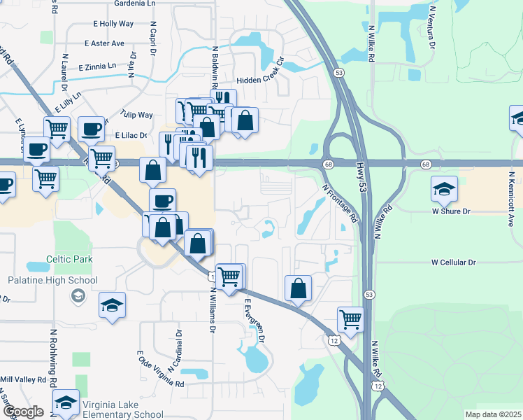 map of restaurants, bars, coffee shops, grocery stores, and more near 1313 East Wyndham Circle in Palatine