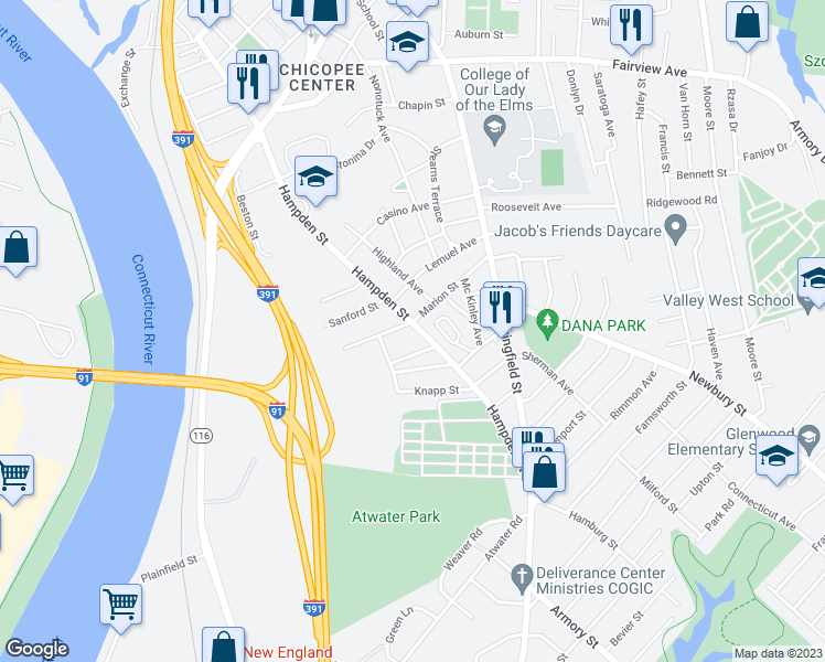 map of restaurants, bars, coffee shops, grocery stores, and more near 268 Hampden Street in Chicopee