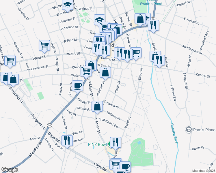map of restaurants, bars, coffee shops, grocery stores, and more near 6 Poplar Street in Milford