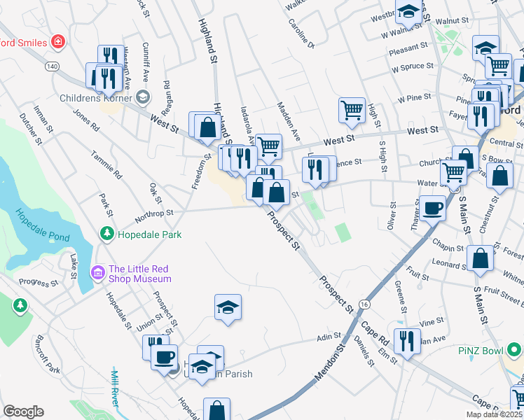map of restaurants, bars, coffee shops, grocery stores, and more near 49 Prospect Heights in Milford