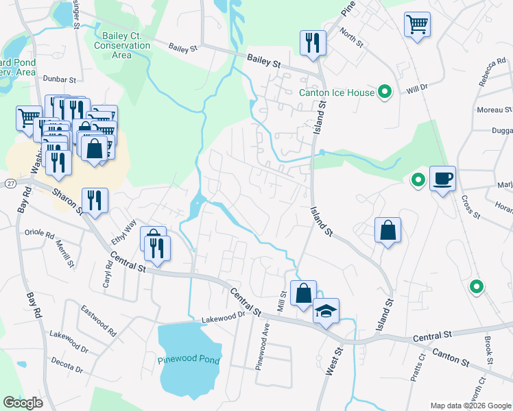 map of restaurants, bars, coffee shops, grocery stores, and more near Claire Drive in Stoughton