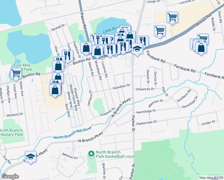 map of restaurants, bars, coffee shops, grocery stores, and more near 147 Wrentham Road in Springfield