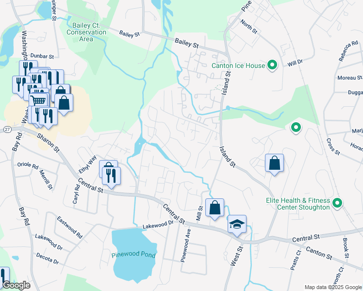 map of restaurants, bars, coffee shops, grocery stores, and more near Claire Drive in Stoughton