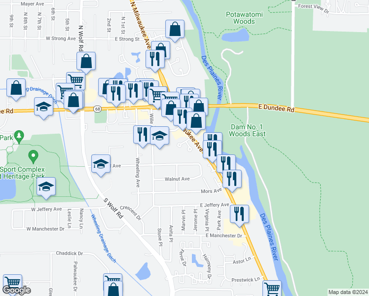 map of restaurants, bars, coffee shops, grocery stores, and more near 340 Highland Avenue in Wheeling
