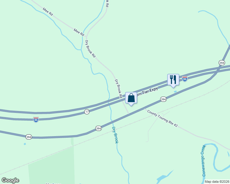 map of restaurants, bars, coffee shops, grocery stores, and more near 3230 Dry Brook Road in Falconer