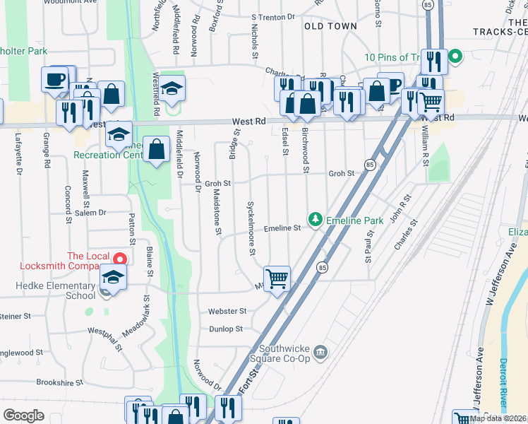 map of restaurants, bars, coffee shops, grocery stores, and more near 3355 Syckelmoore Street in Trenton