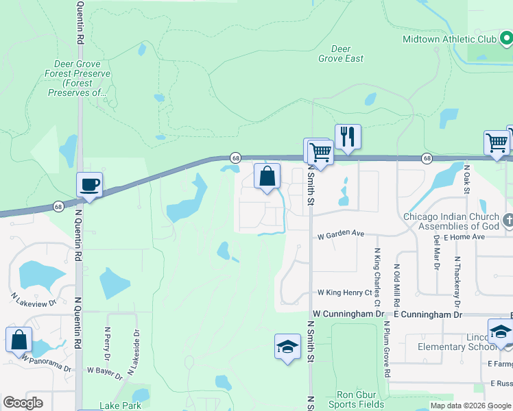 map of restaurants, bars, coffee shops, grocery stores, and more near 1441 Tanglewood Avenue in Palatine