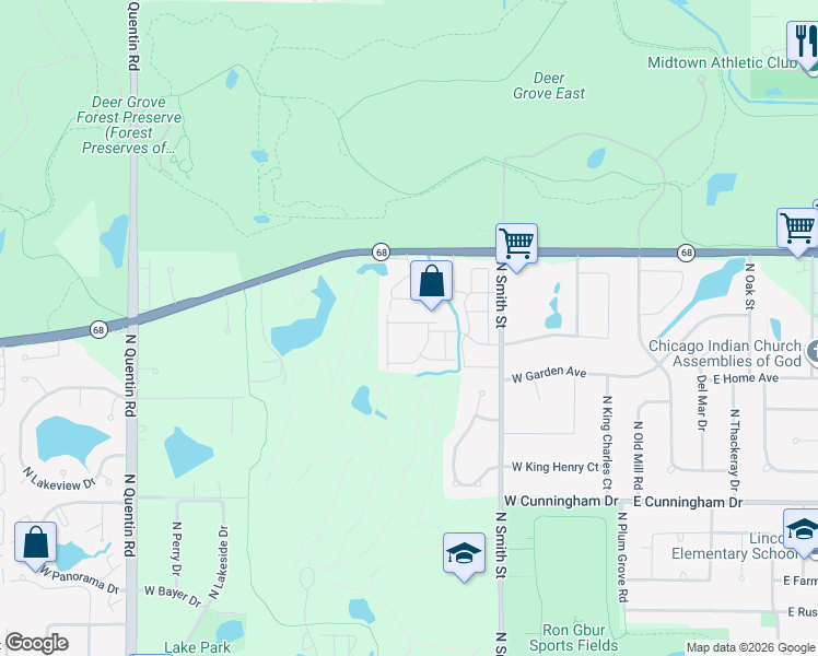 map of restaurants, bars, coffee shops, grocery stores, and more near 1441 Tanglewood Avenue in Palatine