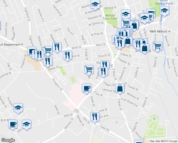 map of restaurants, bars, coffee shops, grocery stores, and more near 27 Oliver Street in Milford