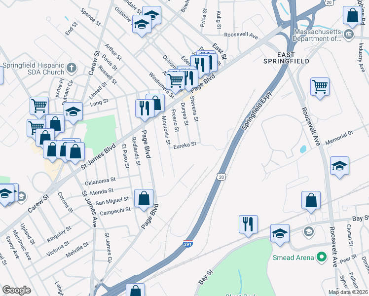 map of restaurants, bars, coffee shops, grocery stores, and more near 159 Monrovia Street in Springfield