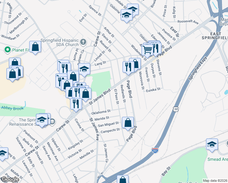 map of restaurants, bars, coffee shops, grocery stores, and more near 180 El Paso Street in Springfield