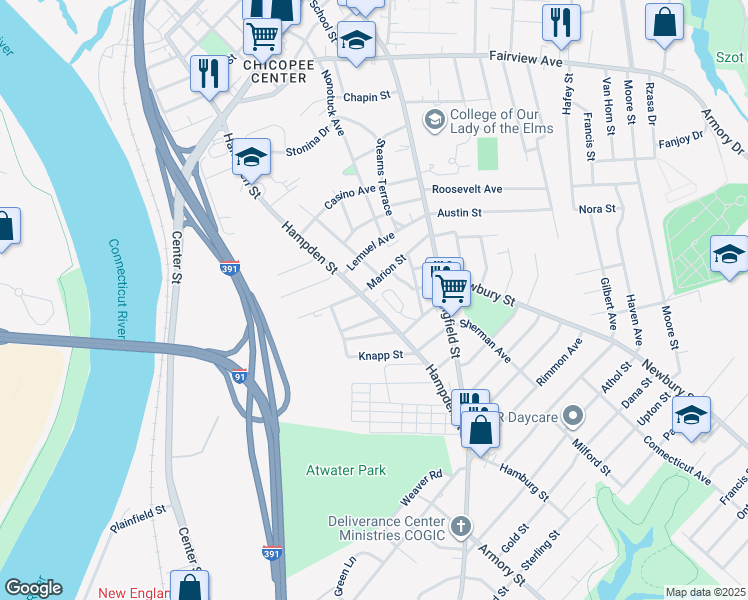 map of restaurants, bars, coffee shops, grocery stores, and more near 16 Brooks Avenue in Chicopee
