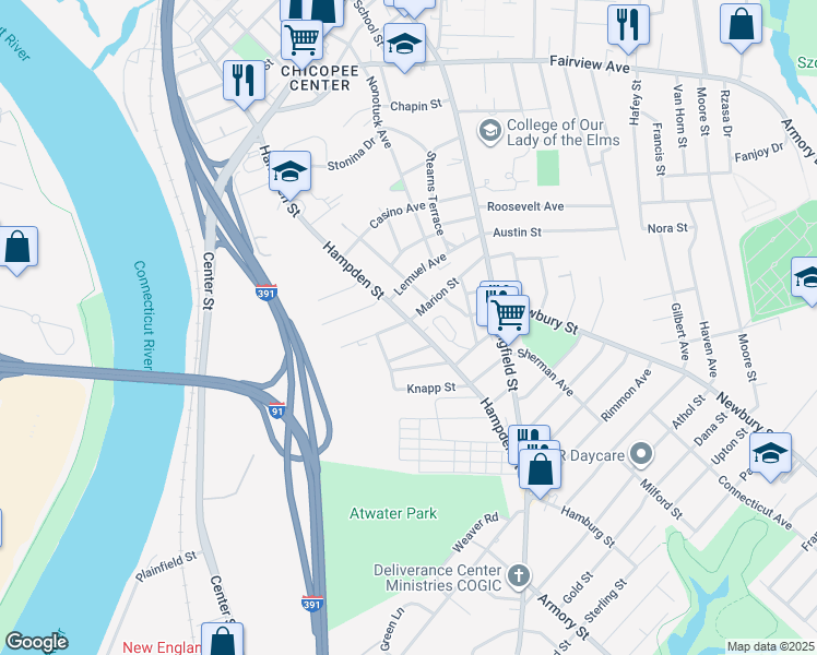 map of restaurants, bars, coffee shops, grocery stores, and more near 16 Brooks Avenue in Chicopee