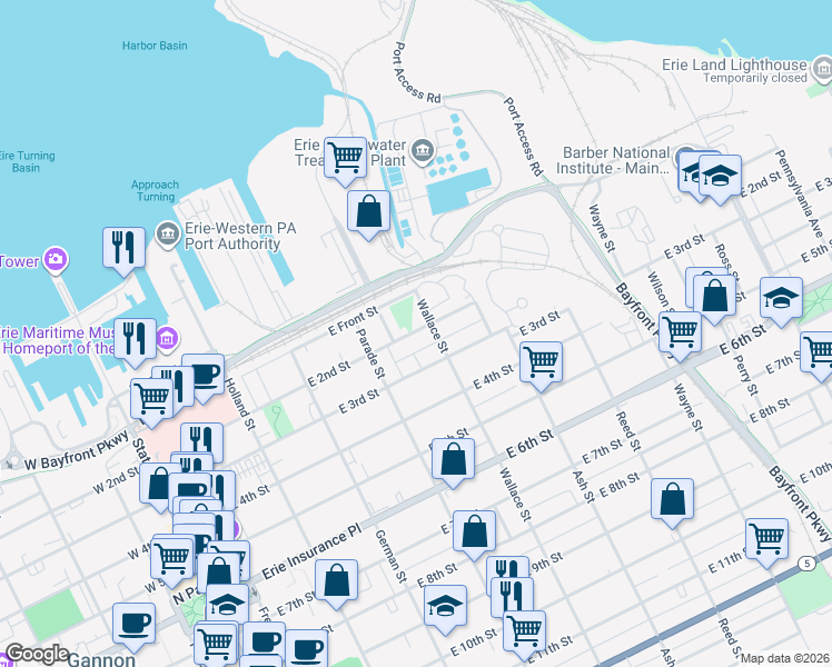 map of restaurants, bars, coffee shops, grocery stores, and more near 424 East 3rd Street in Erie