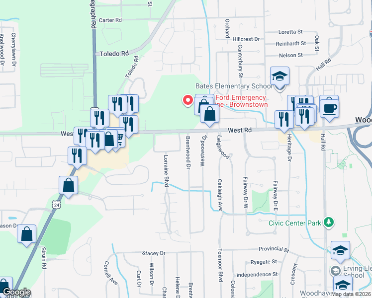 map of restaurants, bars, coffee shops, grocery stores, and more near 23300 Brentwood Drive in Brownstown Charter Township