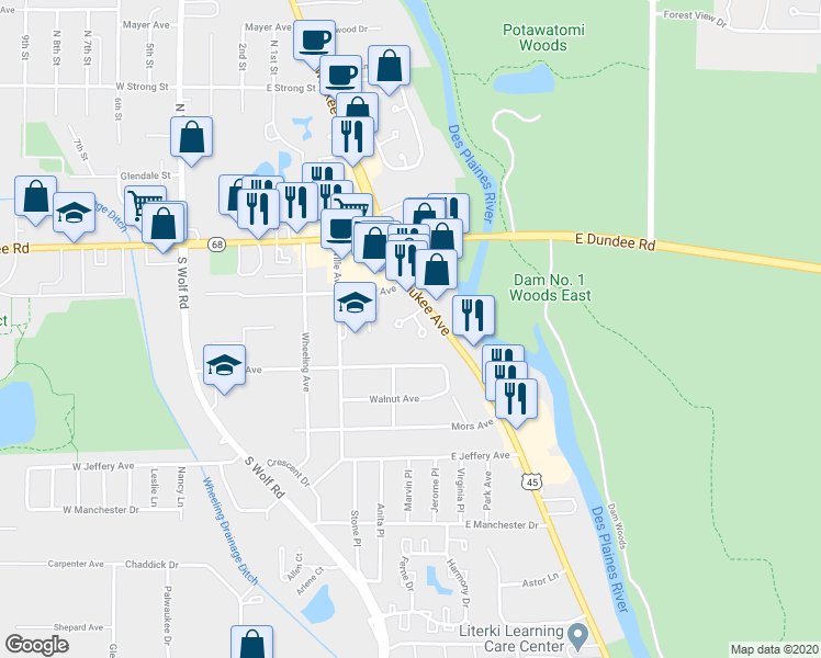 map of restaurants, bars, coffee shops, grocery stores, and more near 340 Highland Avenue in Wheeling