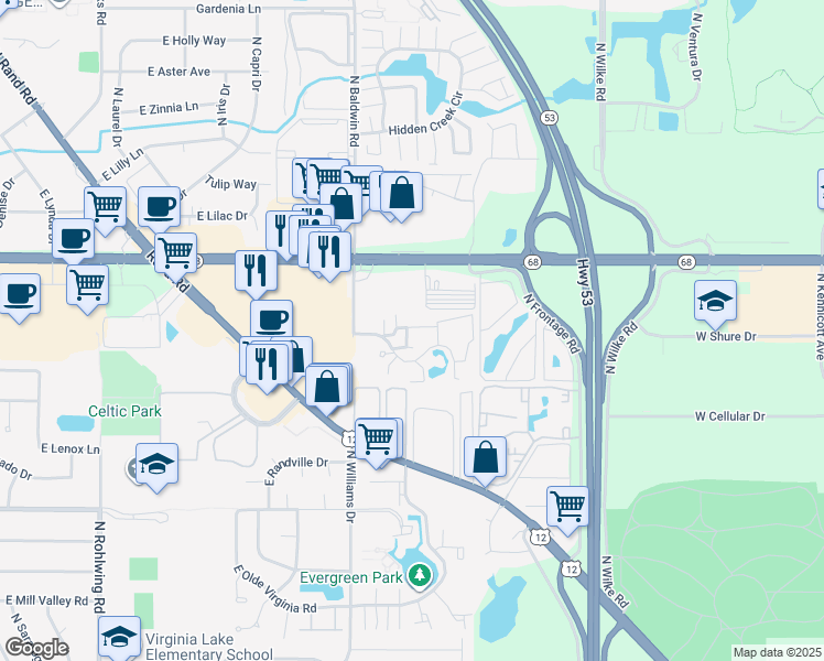 map of restaurants, bars, coffee shops, grocery stores, and more near 1271 Wyndham Drive in Palatine