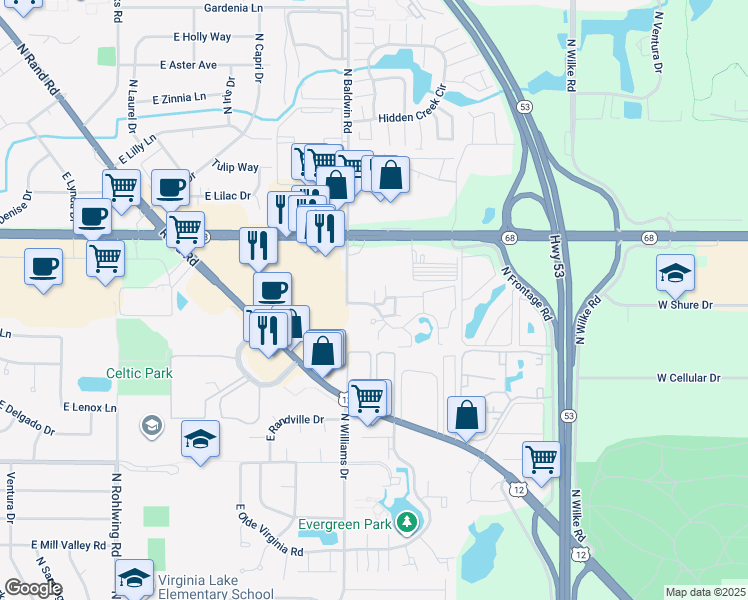 map of restaurants, bars, coffee shops, grocery stores, and more near 1271 Wyndham Drive in Palatine