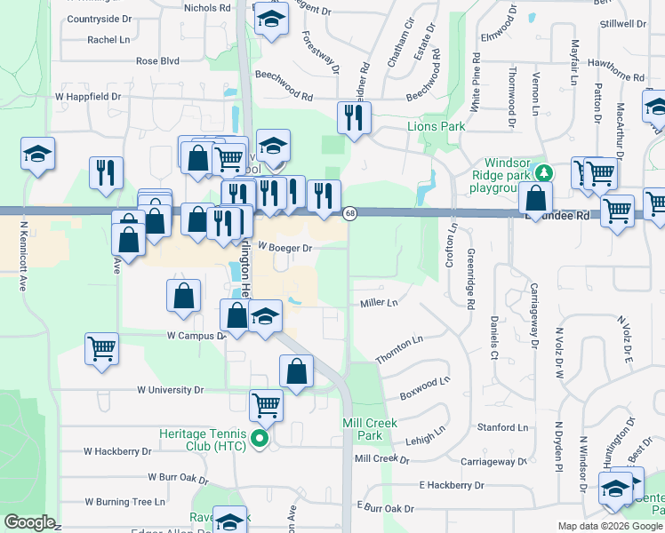 map of restaurants, bars, coffee shops, grocery stores, and more near 3400 North Old Arlington Heights Road in Arlington Heights