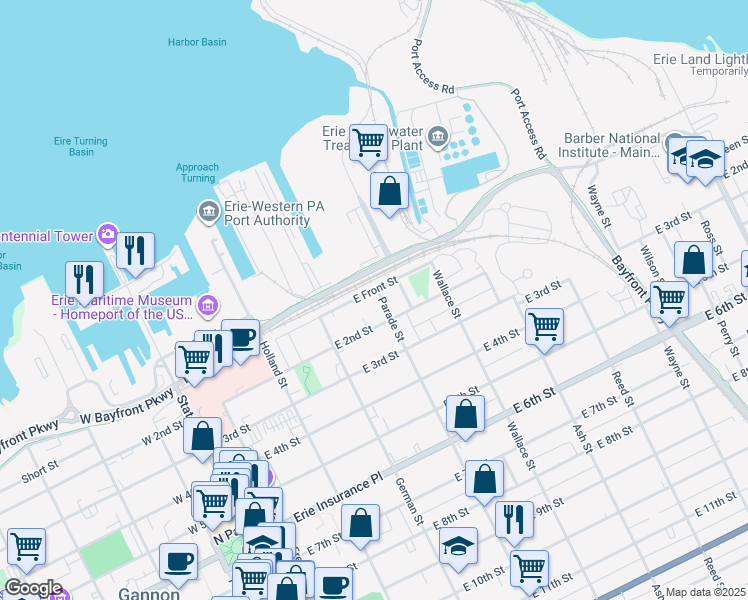 map of restaurants, bars, coffee shops, grocery stores, and more near 106 Parade Street in Erie