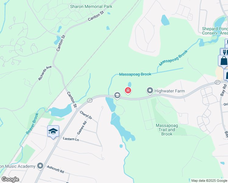 map of restaurants, bars, coffee shops, grocery stores, and more near 287R North Main Street in Sharon
