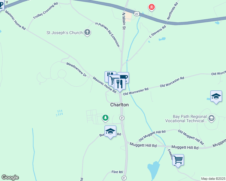 map of restaurants, bars, coffee shops, grocery stores, and more near 97 Masonic Home Road in Charlton