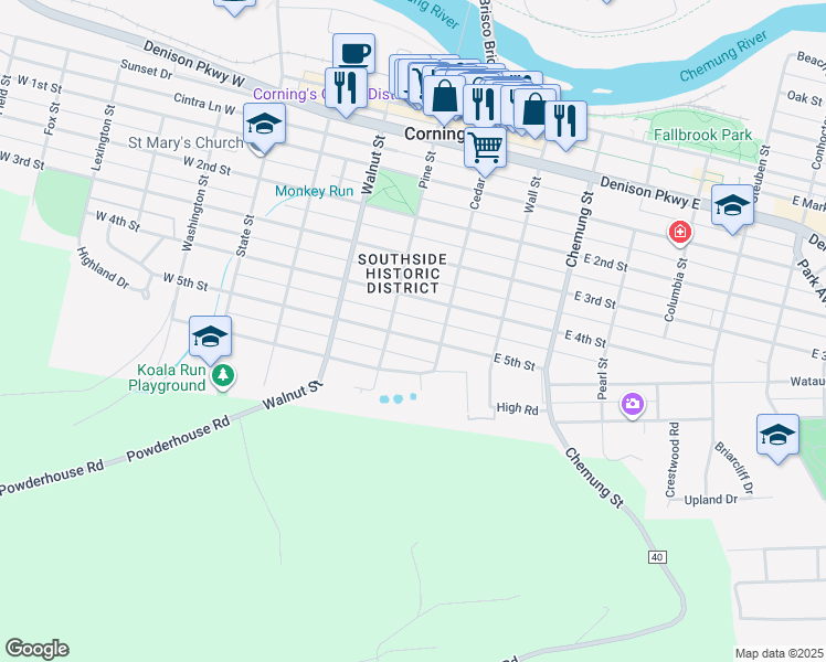 map of restaurants, bars, coffee shops, grocery stores, and more near 48 E 5th St in Corning