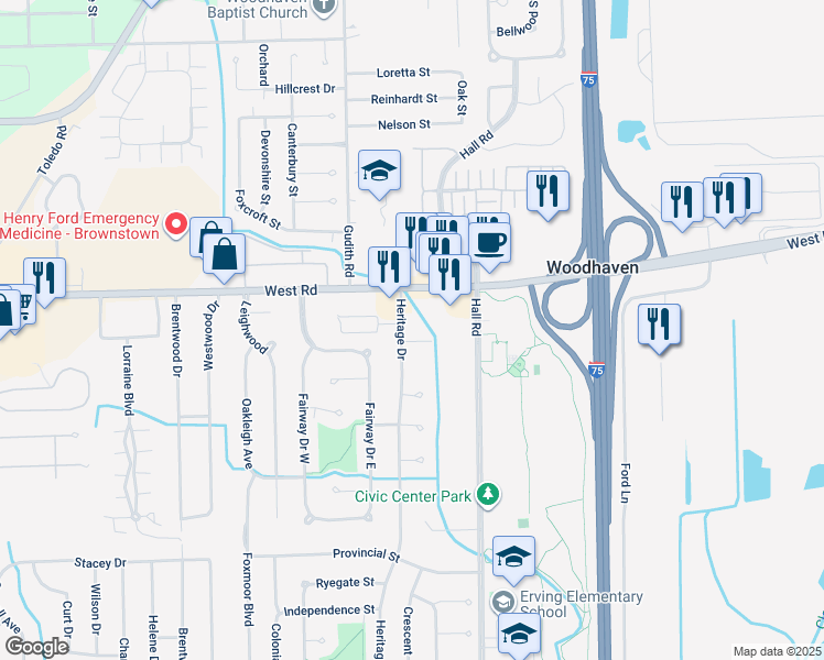 map of restaurants, bars, coffee shops, grocery stores, and more near 23221 Heritage Drive in Woodhaven