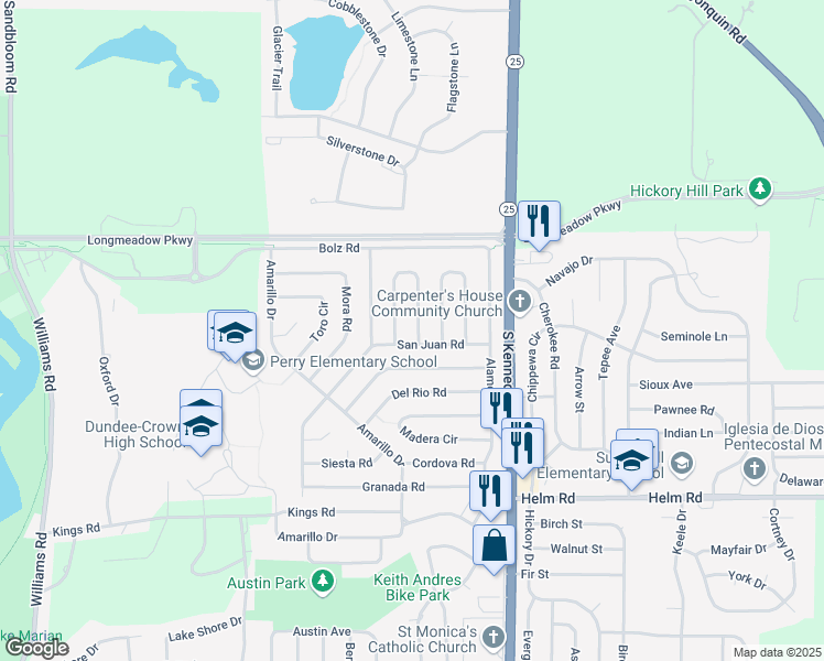 map of restaurants, bars, coffee shops, grocery stores, and more near 103 Adobe Circle in Carpentersville