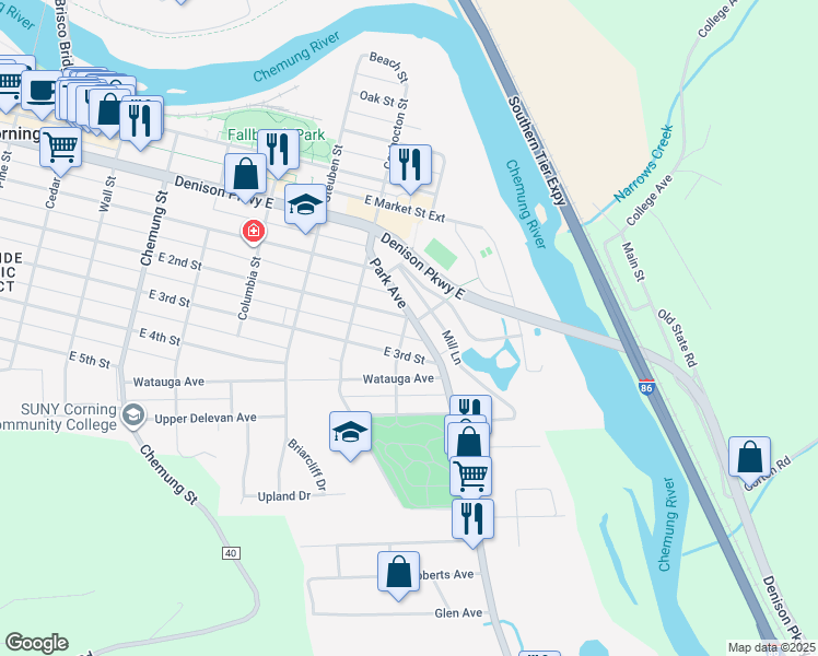 map of restaurants, bars, coffee shops, grocery stores, and more near 231 Park Avenue in Corning