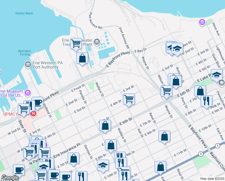 map of restaurants, bars, coffee shops, grocery stores, and more near 544 1/2 East 4th Street in Erie