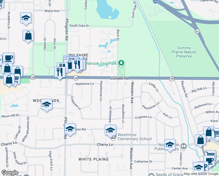 map of restaurants, bars, coffee shops, grocery stores, and more near 848 Bach Street in Northbrook