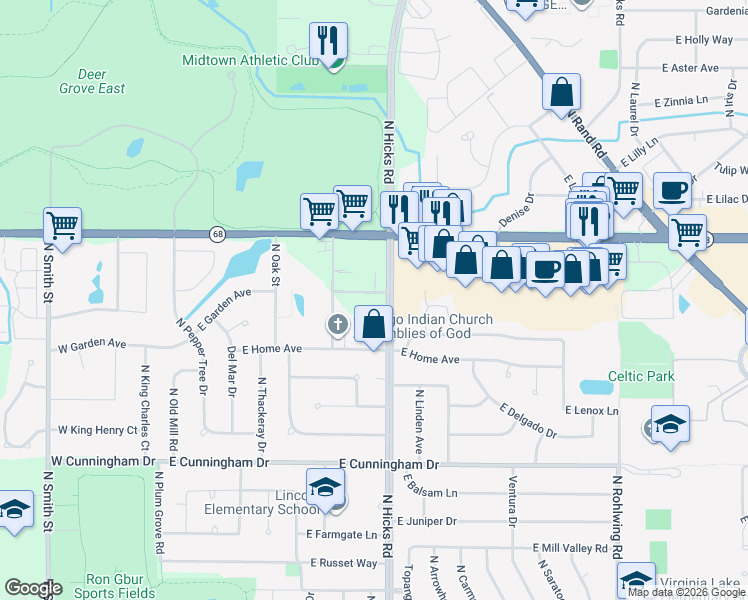 map of restaurants, bars, coffee shops, grocery stores, and more near 1454 North Hicks Road in Palatine