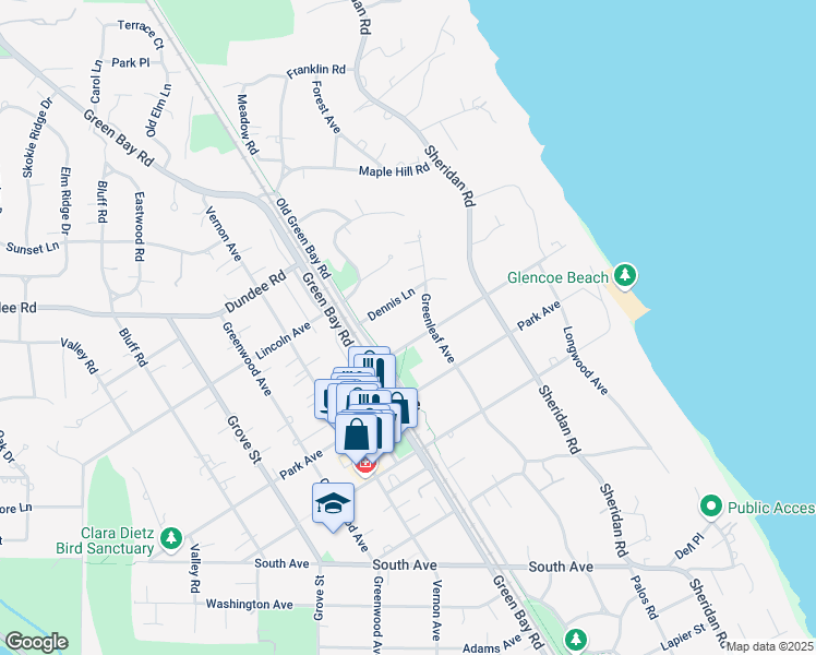 map of restaurants, bars, coffee shops, grocery stores, and more near 261 Beach Road in Glencoe