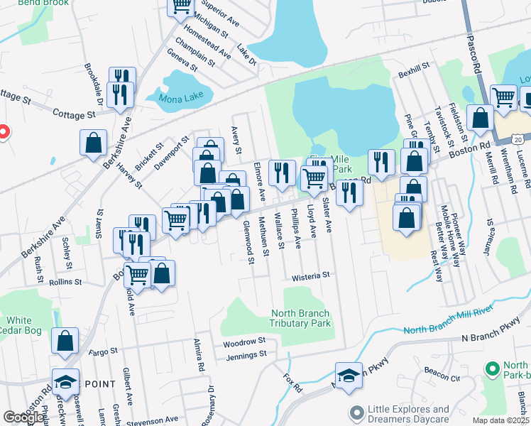 map of restaurants, bars, coffee shops, grocery stores, and more near 125 Elmore Avenue in Springfield