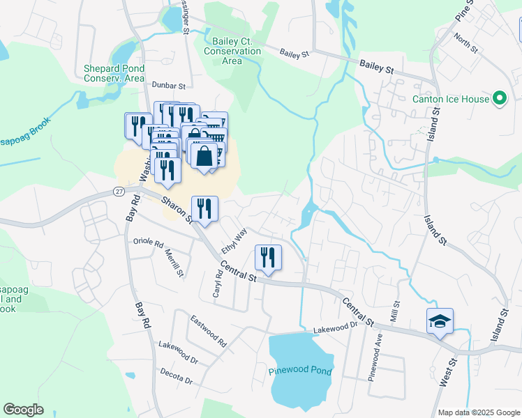 map of restaurants, bars, coffee shops, grocery stores, and more near 17 Christopher Drive in Stoughton