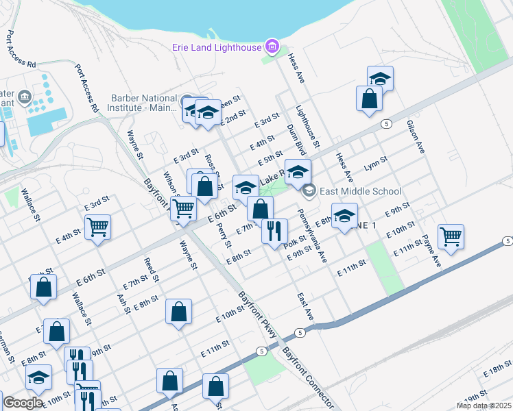 map of restaurants, bars, coffee shops, grocery stores, and more near 1001 Atkins Street in Erie