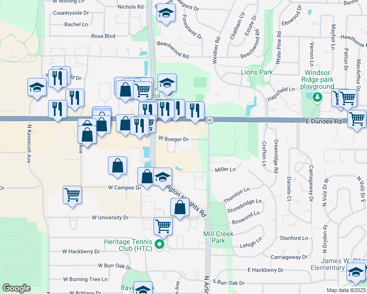 map of restaurants, bars, coffee shops, grocery stores, and more near 121 West Boeger Drive in Arlington Heights