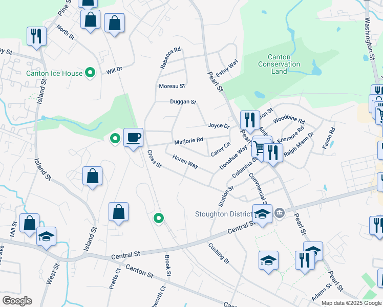 map of restaurants, bars, coffee shops, grocery stores, and more near 171 Carey Circle in Stoughton