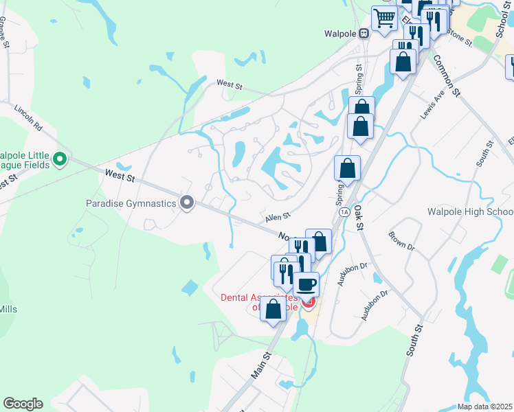 map of restaurants, bars, coffee shops, grocery stores, and more near 170 Clear Pond Drive in Walpole